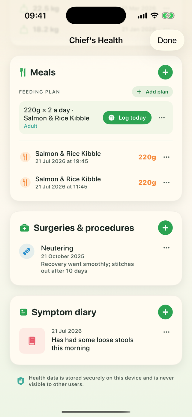 Chief's symptom diary and surgeries list in the health hub