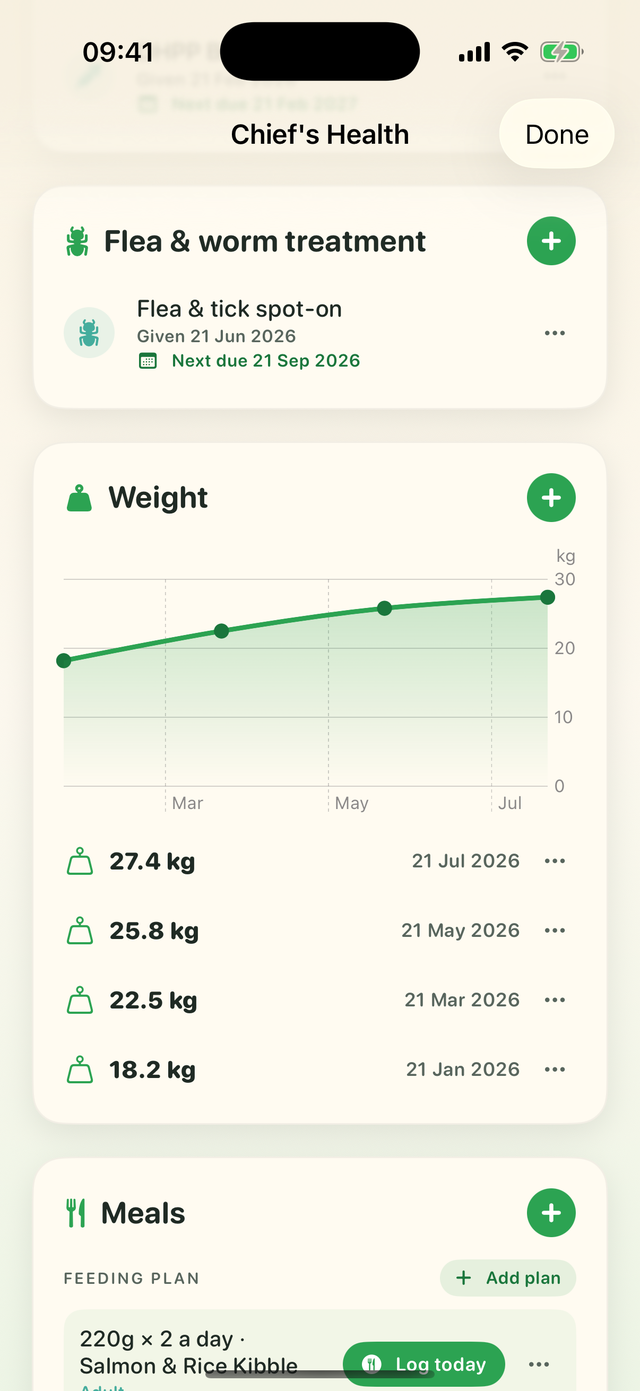 Health hub showing Chief's weight graph, flea and worm reminders and meal logging