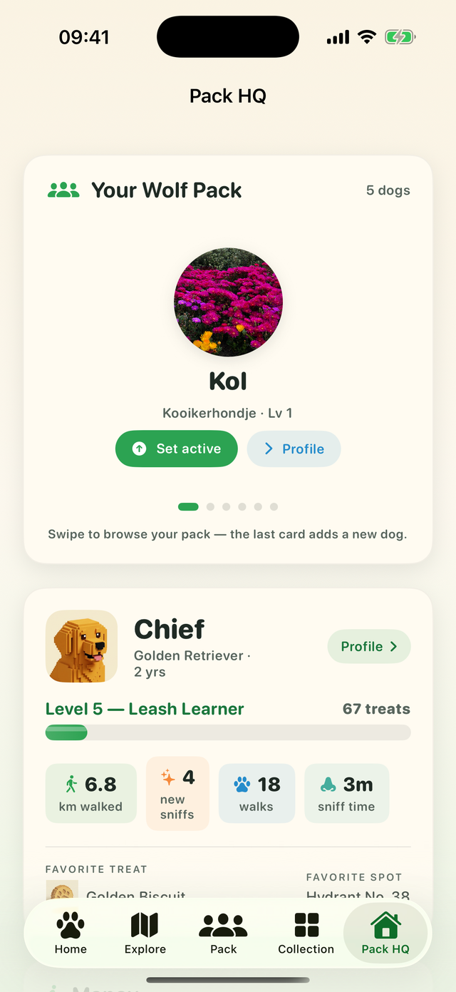 Pack HQ screen with a rapid per-dog summary: kilometres walked, new sniffs, walks and sniff time